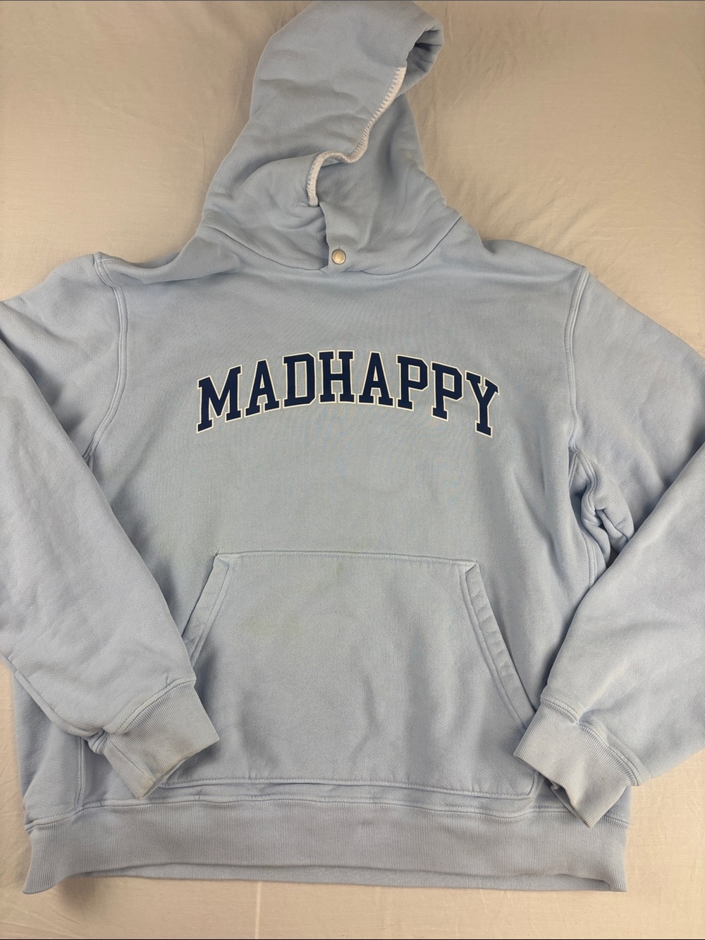 Madhappy Campus Fleece Light Blue Crewneck Hoodie with Navy Logo FLAWED size XL